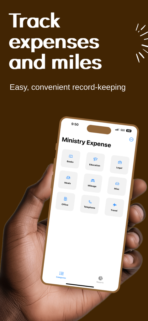 MinistryExpense - A hand holding a smartphone displaying the MinistryExpense app categories for tracking church related costs and mileage