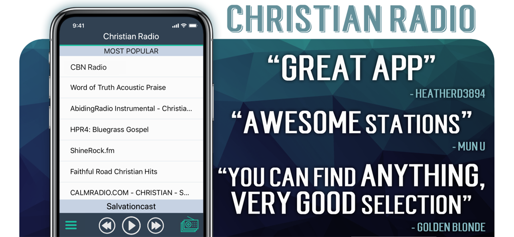 Christian Radio+ - Interface of the Christian Radio app showing a list of faith based stations and positive user reviews