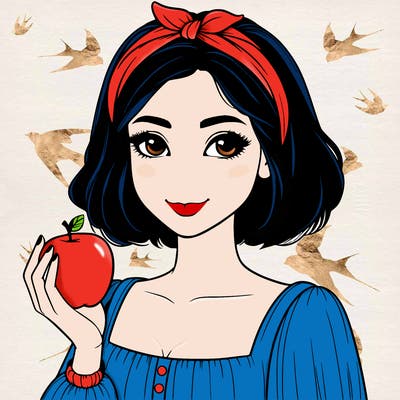 a woman with medium short hair, wearing a headband with a small bow, carrying an apple in her hand, realistic