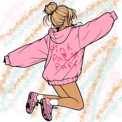 realistic girl jumping with a bun and oversized sweatshirt