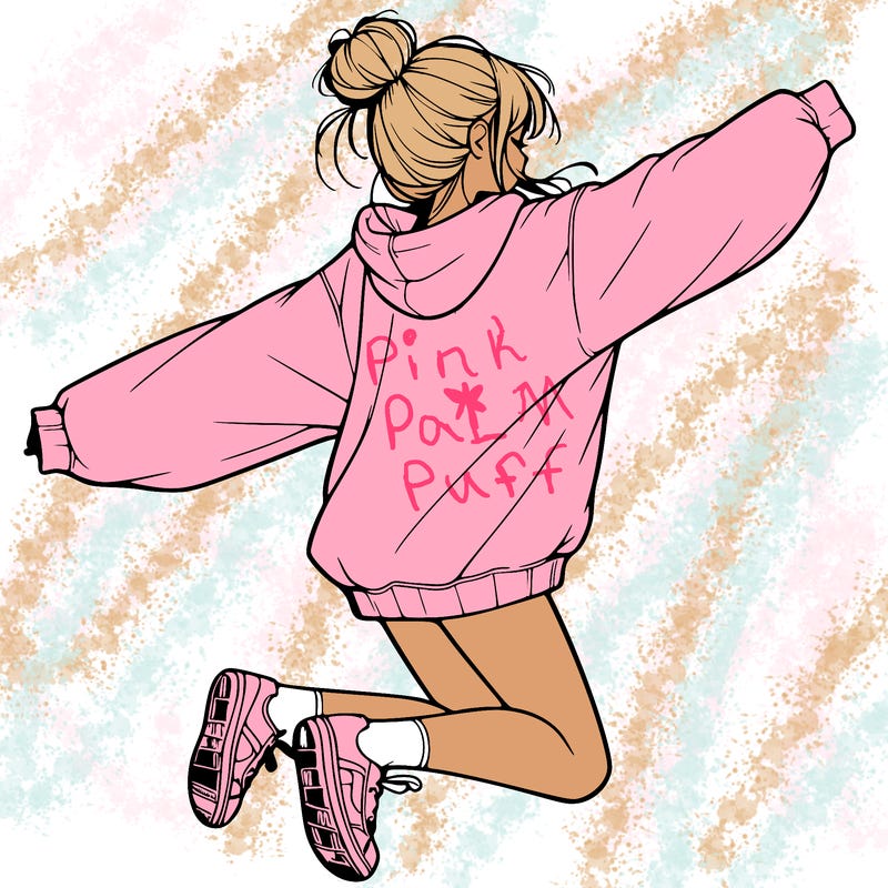 realistic girl jumping with a bun and oversized sweatshirt