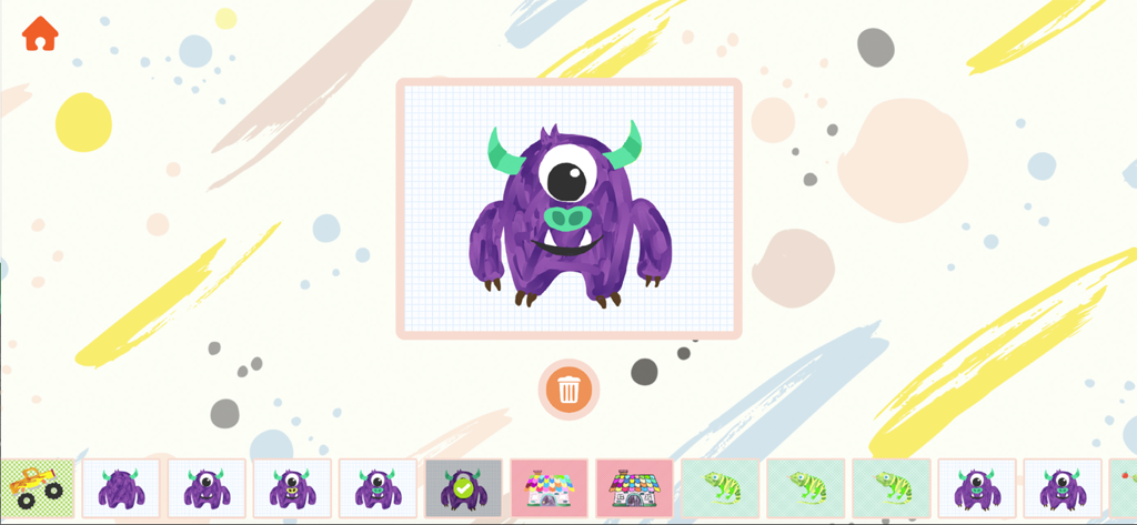 A purple one eyed monster illustration on a grid background within the Yamo Draw app interface