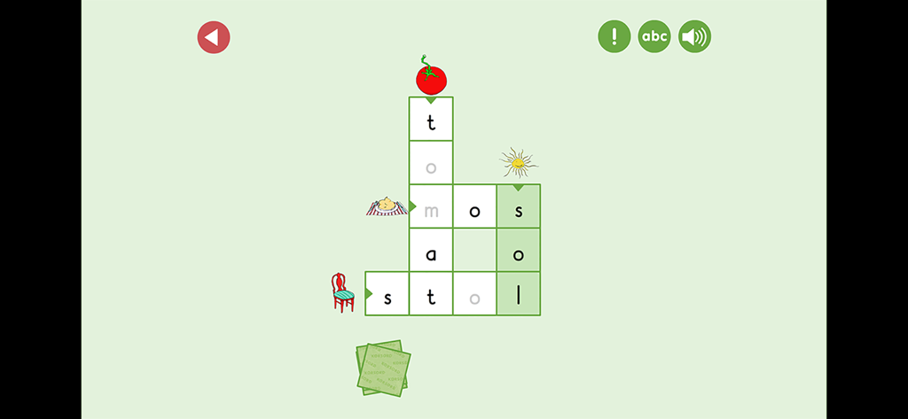Swedish educational crossword game interface for children showing words and illustrations