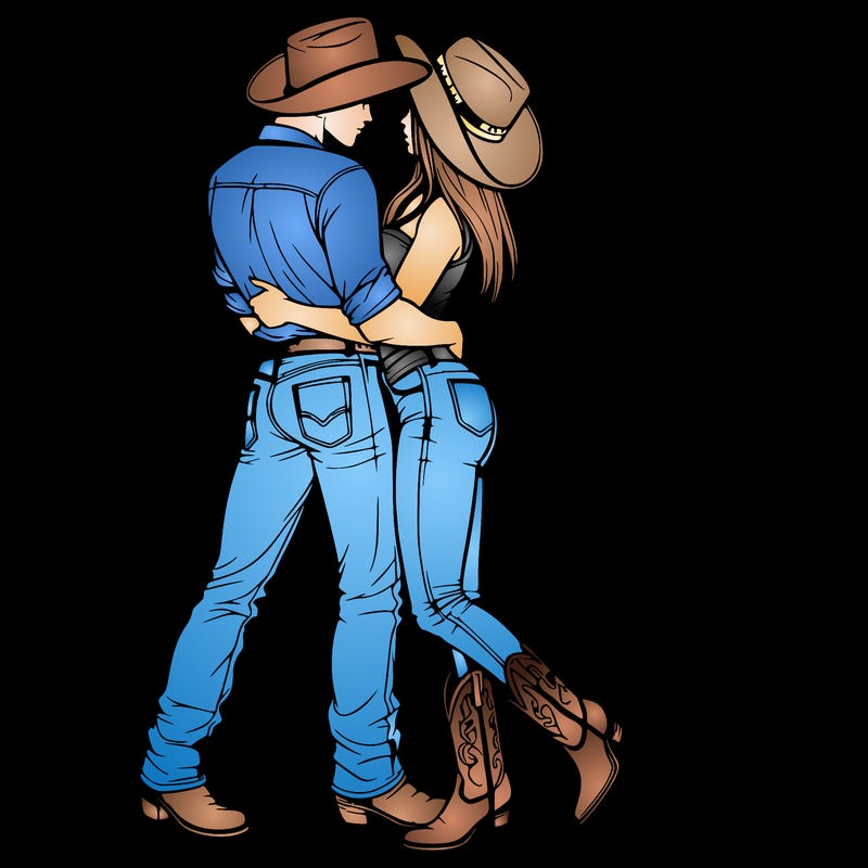 cowboy and his girlfriend in cowboy boots, boot cut jeans, cowboy hat hugging realistic