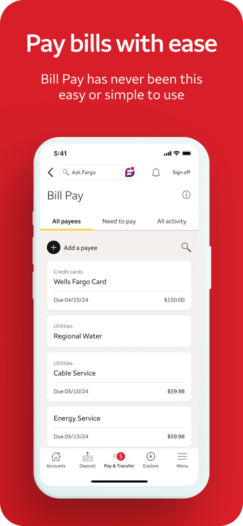Interface of the Wells Fargo Mobile app showing the bill pay management screen with various payees