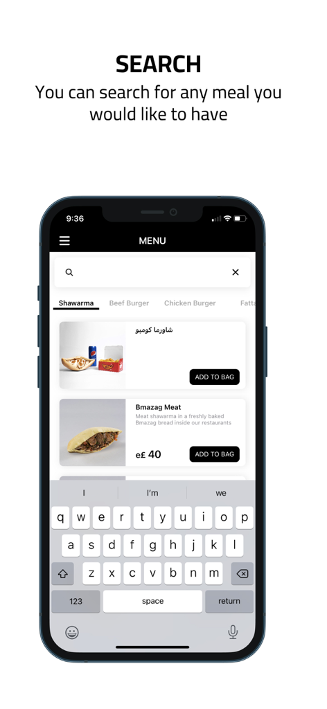 Bmazag | بمزاج - Search interface of the Bmazag mobile app showing a menu with shawarma