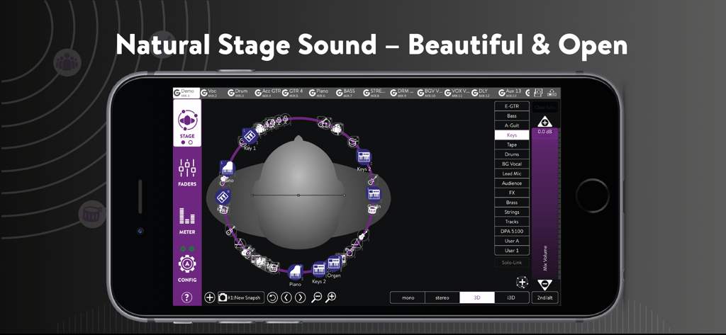 KLANG:app 5 - Interface do KLANG app 5 mostrando mixagem imersiva 3D in-ear com ícones de instrumentos posicionados ao redor de uma figura de cabeça em um smartphone