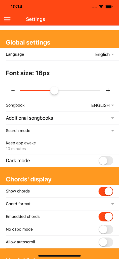 Settings menu of the worship app showing font size and chord display options