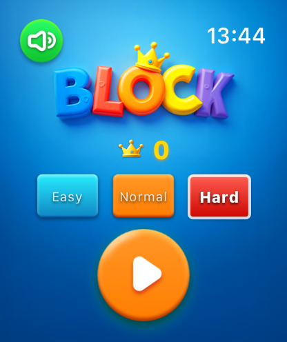 Block Jam Blast For Watch - Block Jam Blast for Apple Watch main menu screen showing Easy Normal and Hard difficulty options