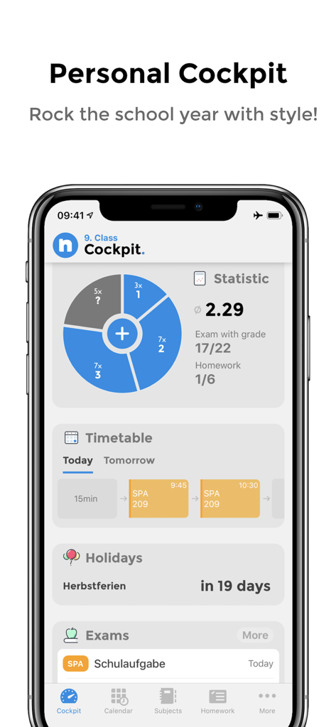 Notenapp - digital school tool - Painel do cockpit do estudante Notenapp mostrando estatísticas de notas e horário escolar no iPhone