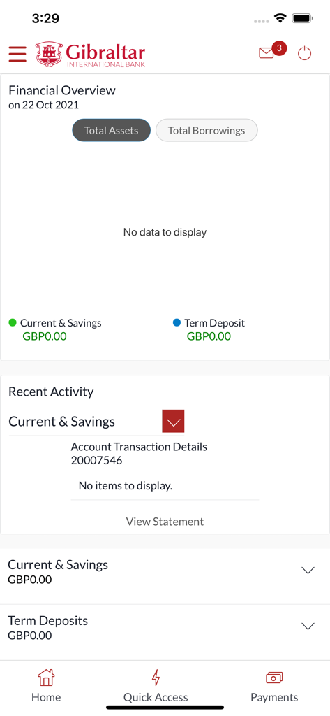 Financial overview dashboard in the Gibraltar International Bank mobile app.