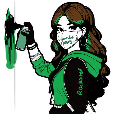 realistic girl with mask spray painting a wall