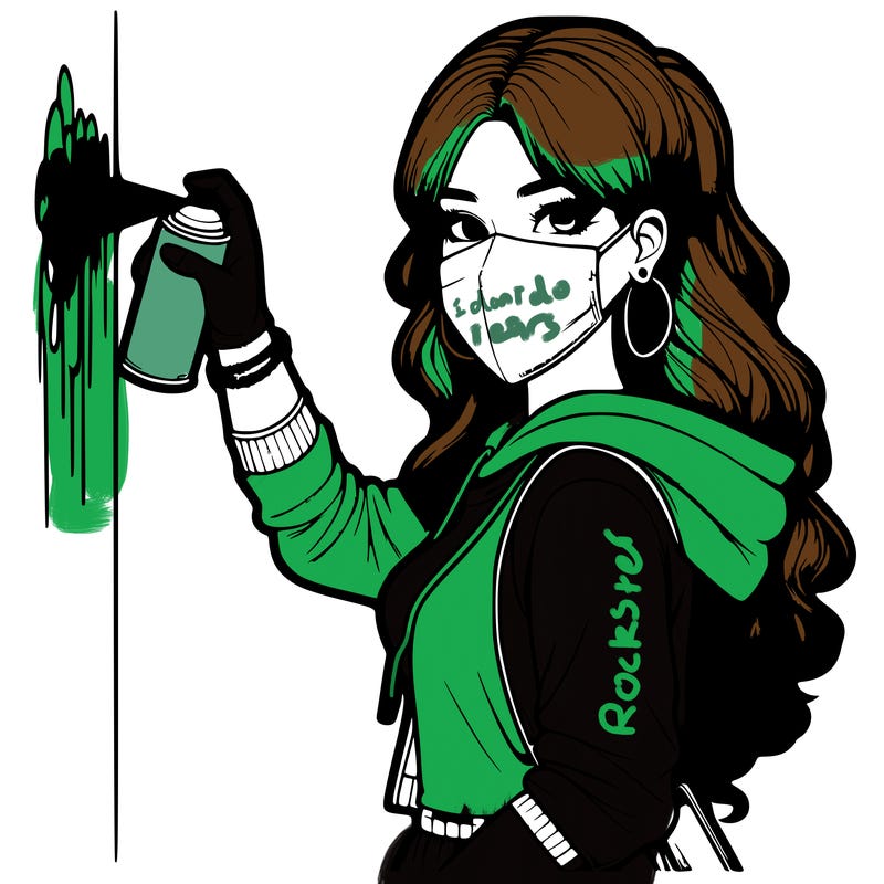 realistic girl with mask spray painting a wall