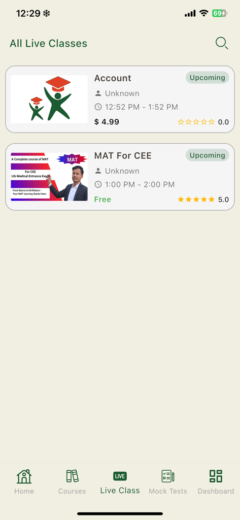 Interface of the KK Academy app displaying a list of upcoming live classes with schedules and pricing.