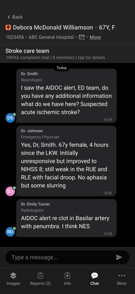 Aidoc - Interface de chat clínico compatível com HIPAA para colaboração da equipe de AVC no aplicativo Aidoc