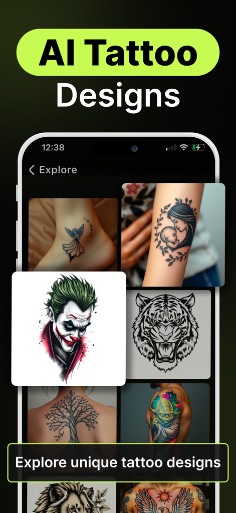 AI Tattoo Generator - Inkill - ジョーカーやトラなどの様々なAI生成タトゥーデザインを表示するモバイルアプリ画面。