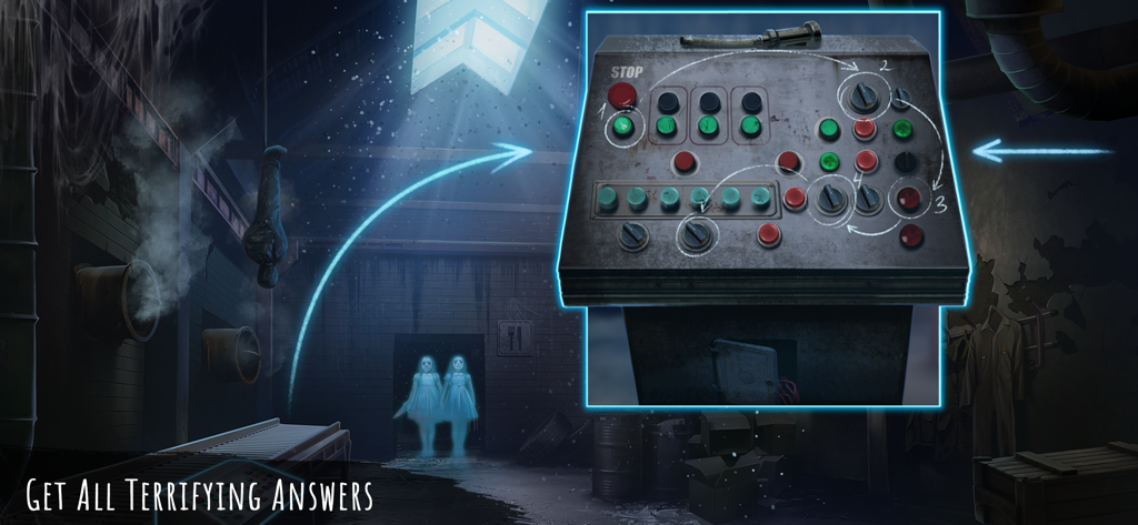Scary Horror 2: Escape Room - A complex control panel puzzle in a dark room with ghostly twins and a hanging body bag
