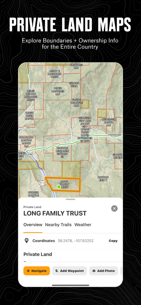 onX Offroad: Trail Maps & GPS - App onX Offroad che mostra i confini delle terre private e le informazioni sulla proprietà su una mappa topografica.