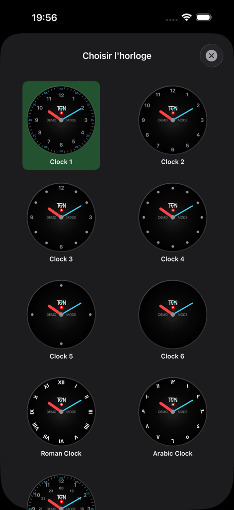 TEAN - Learning Clock - ローマ数字とアラビア数字を含む、さまざまなアナログ時計の文字盤スタイルが表示されたメニュー画面。教育目的での練習用。