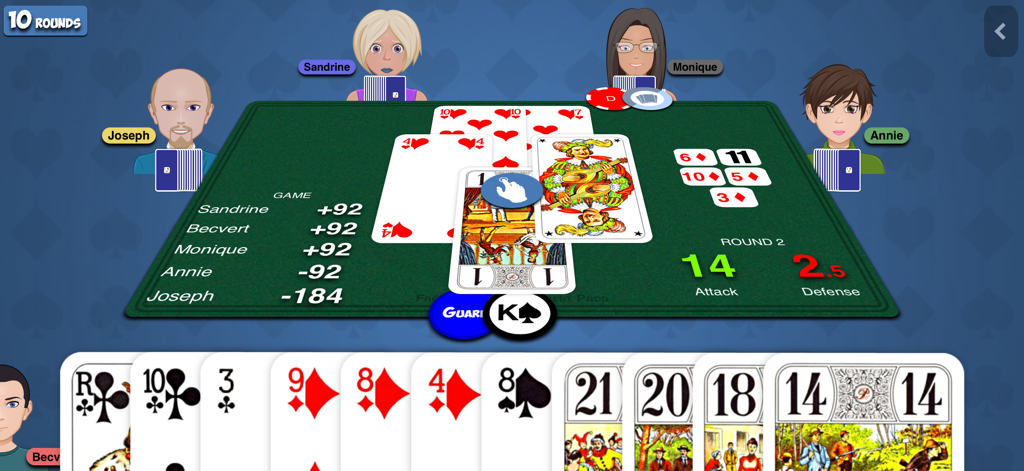 French-Tarot - Un match de Tarot Français à 5 joueurs montrant les avatars, les scores de table et une main de cartes.