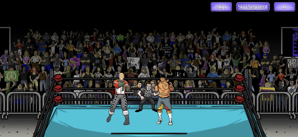 Two cartoon wrestlers facing off in a ring with a large crowd and referee in Modern Mania Wrestling GM