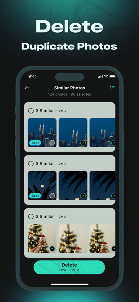 Clever Cleaner app screen showing similar photos grouped and selected for deletion