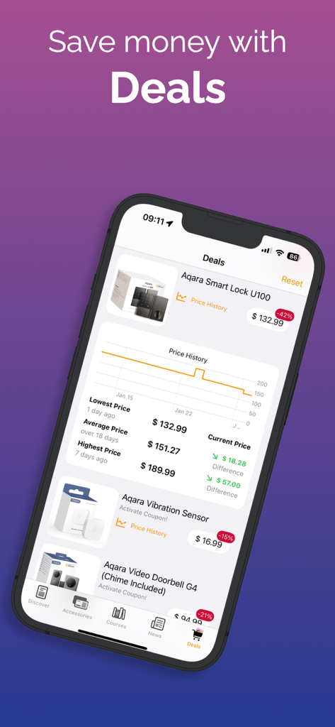 Ofertas de hogares inteligentes e historial de precios de accesorios HomeKit en la aplicación HomeDevices