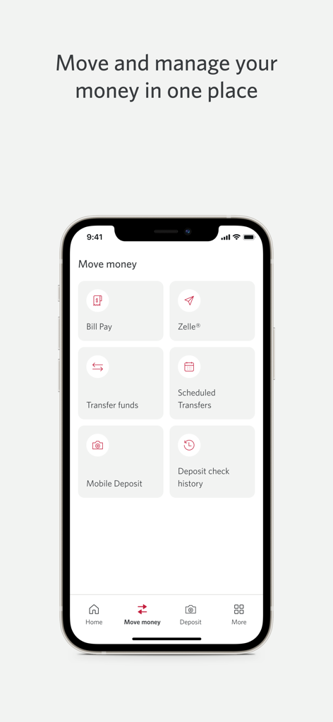 CIBC US Mobile Banking - CIBC US Mobile Bankingアプリのインターフェース。「送金」メニューが表示され、Zelleおよび請求書払いオプションがあります