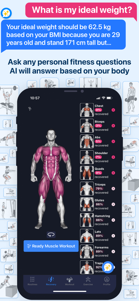 Fitness app screen showing an AI chat assistant and a muscle recovery map for personalized workout planning.