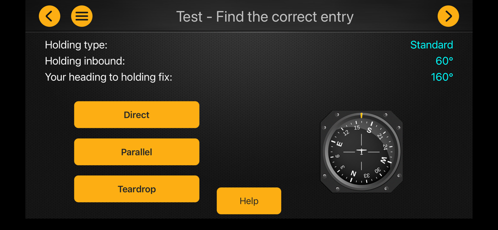IFR Holding Pattern Trainer - Interface of the IFR Holding Pattern Trainer app showing a multiple choice test module to identify the correct entry type for a pilot flight situation