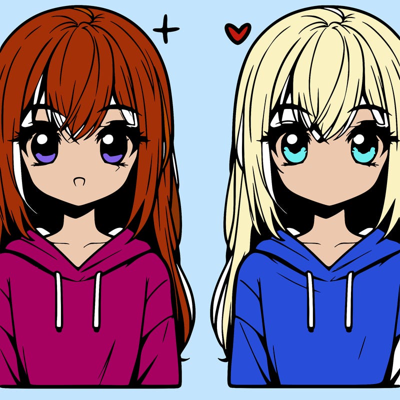 straight hair, sweatshirt, anime eyes, thin, small mouth