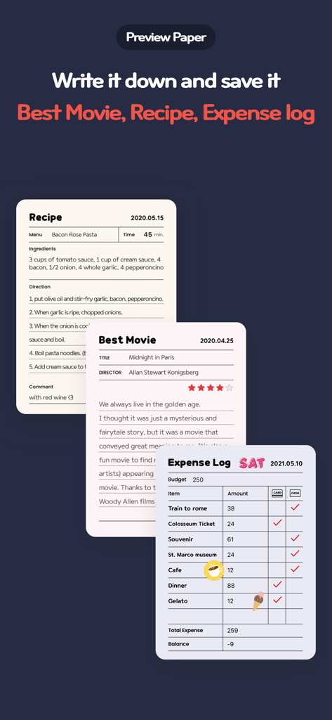 Memong - A display of aesthetic digital memo templates for recipes movie reviews and expense logs
