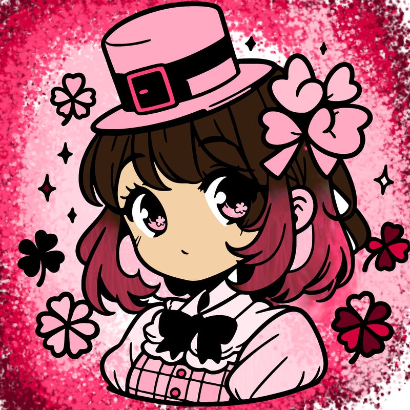 a manga-style girl with clovers around her, a little hat in her hair, like it's saint patrick's day
