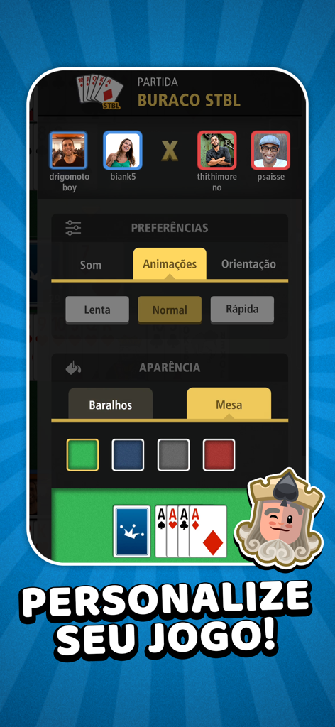Buraco Jogatina: Jogo de Carta - Buraco Jogatina game interface showing customization options for table colors and card backs with the text Personalize Seu Jogo
