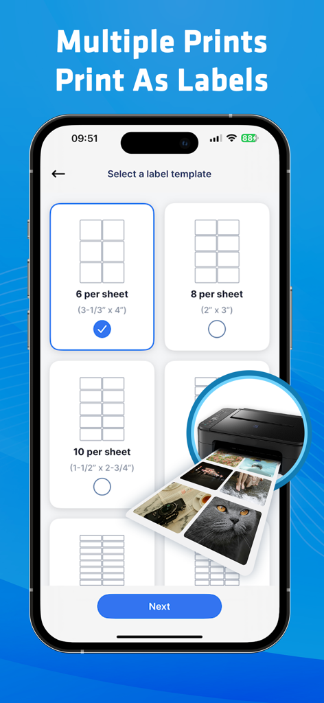 Smart Printer App-Oberfläche zeigt Etikettenvorlagen zum Drucken mehrerer Fotos oder Dokumente pro Blatt von einem iPhone.