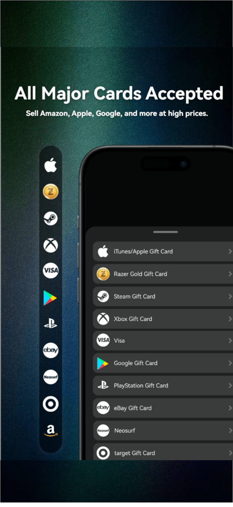 List of accepted gift card brands for sale in the CardBase X app interface