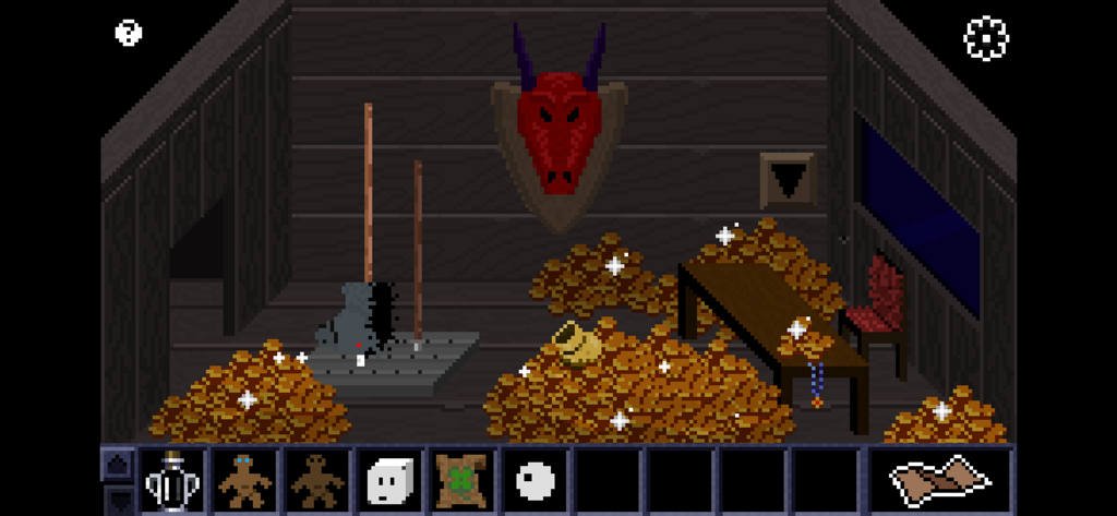 Escape Lala 2 - Escena de pixel art de una sala del tesoro llena de monedas de oro y un trofeo de dragón en la pared
