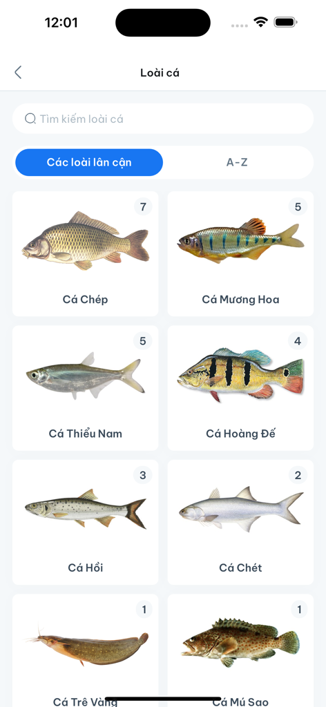 Fishmap - A list of fish species in the Fishmap app with photos and names.