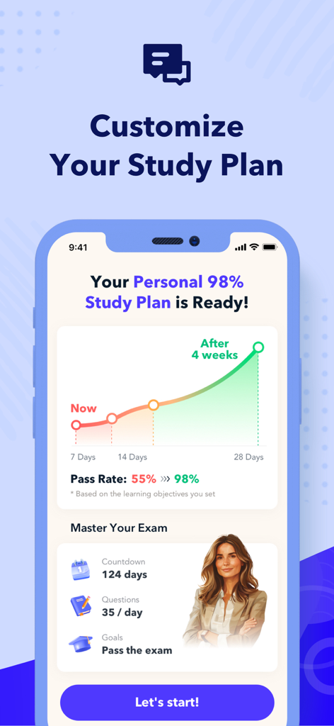 SHRM Exam Prep 2026: CP & SCP - SHRM Exam Prep app interface showing a customized study plan with a pass rate progress chart and exam countdown.