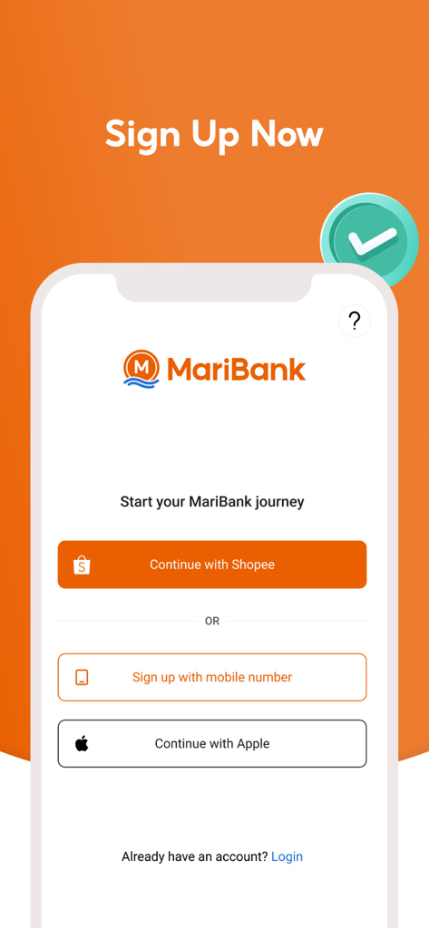 MariBank Singapore sign up screen with options to register using Shopee, mobile number, or Apple account.