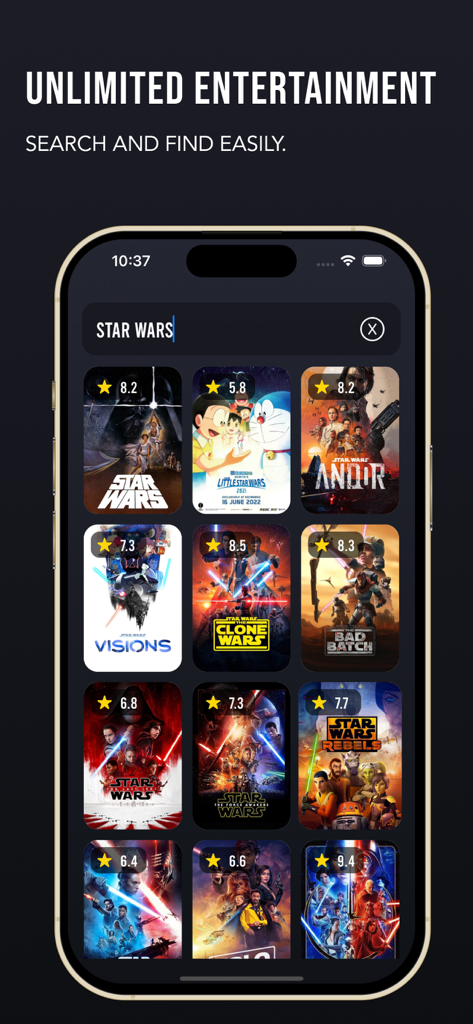 A search for Star Wars on the Moviez app displaying various movie and TV show titles with their ratings.