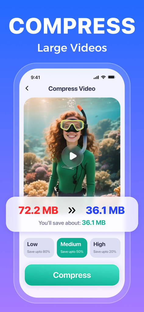 iPhone 저장 공간을 절약하기 위해 대용량 비디오를 압축하는 방법을 보여주는 AI Clean 앱 인터페이스.