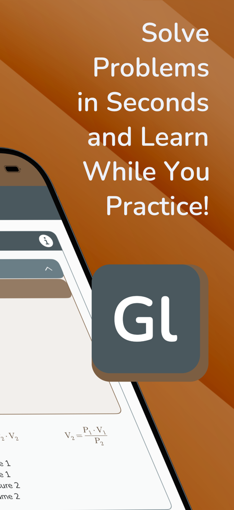 Gas Laws by CA - Interfaz de la aplicación Leyes de los Gases de CA que muestra ecuaciones científicas y marca.