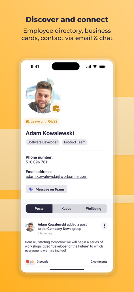 Employee profile screen in the Worksmile app showing contact information and recent social posts