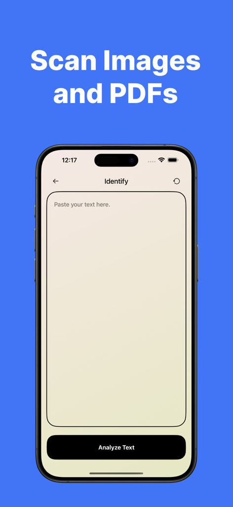 AI Checker app interface showing the option to scan images and PDFs for AI text detection