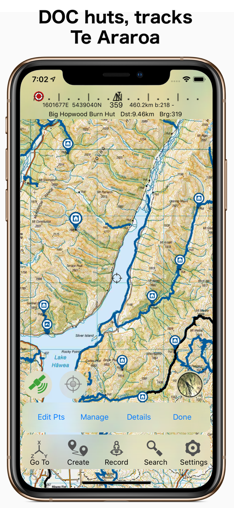 Topographic map view of the South Island on the NZ Topo50 app showing DOC huts and Te Araroa hiking tracks.
