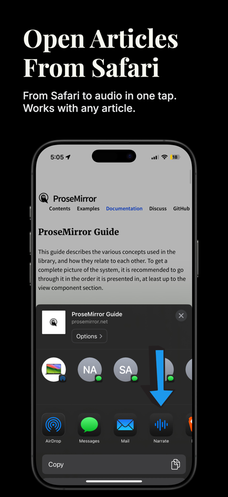 Narrate - Text to Speech - iPhone screen showing an article being shared from Safari to the Narrate app via the iOS share sheet