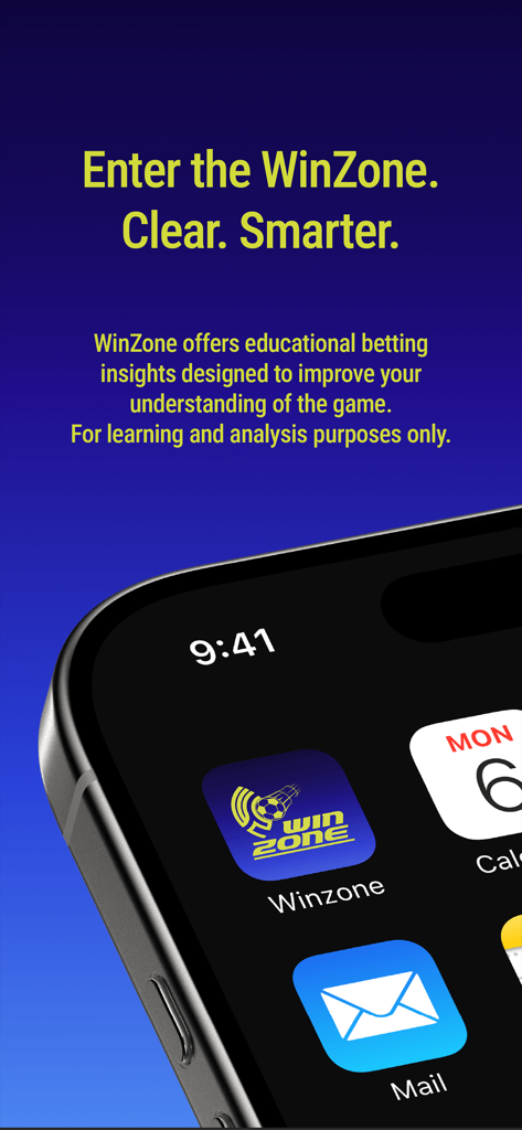Introductory screen of Winzone app promoting educational sports insights and game analysis
