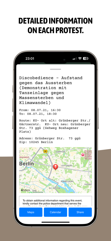 제목, 날짜, 위치, 지도 및 탐색 버튼을 포함한 특정 시위 행사에 대한 자세한 정보를 보여주는 모바일 앱 화면