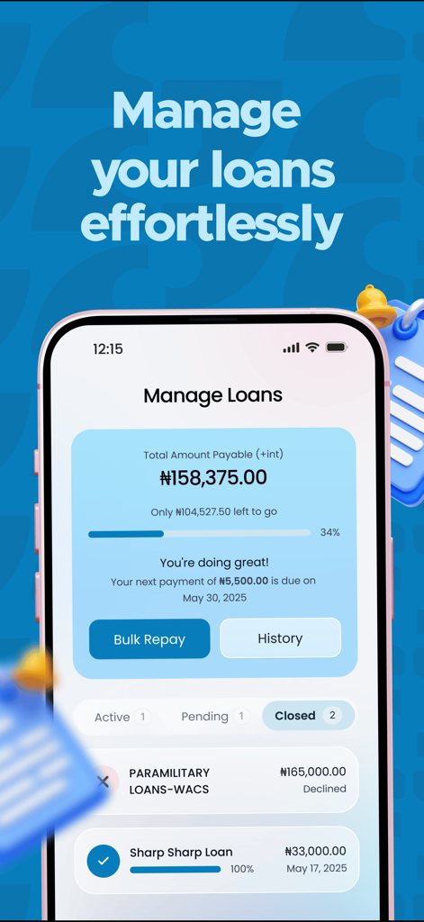 Credit Direct Mobile - Credit Direct Mobile app interface showing the manage loans dashboard with active and closed loan details in Nigerian Naira